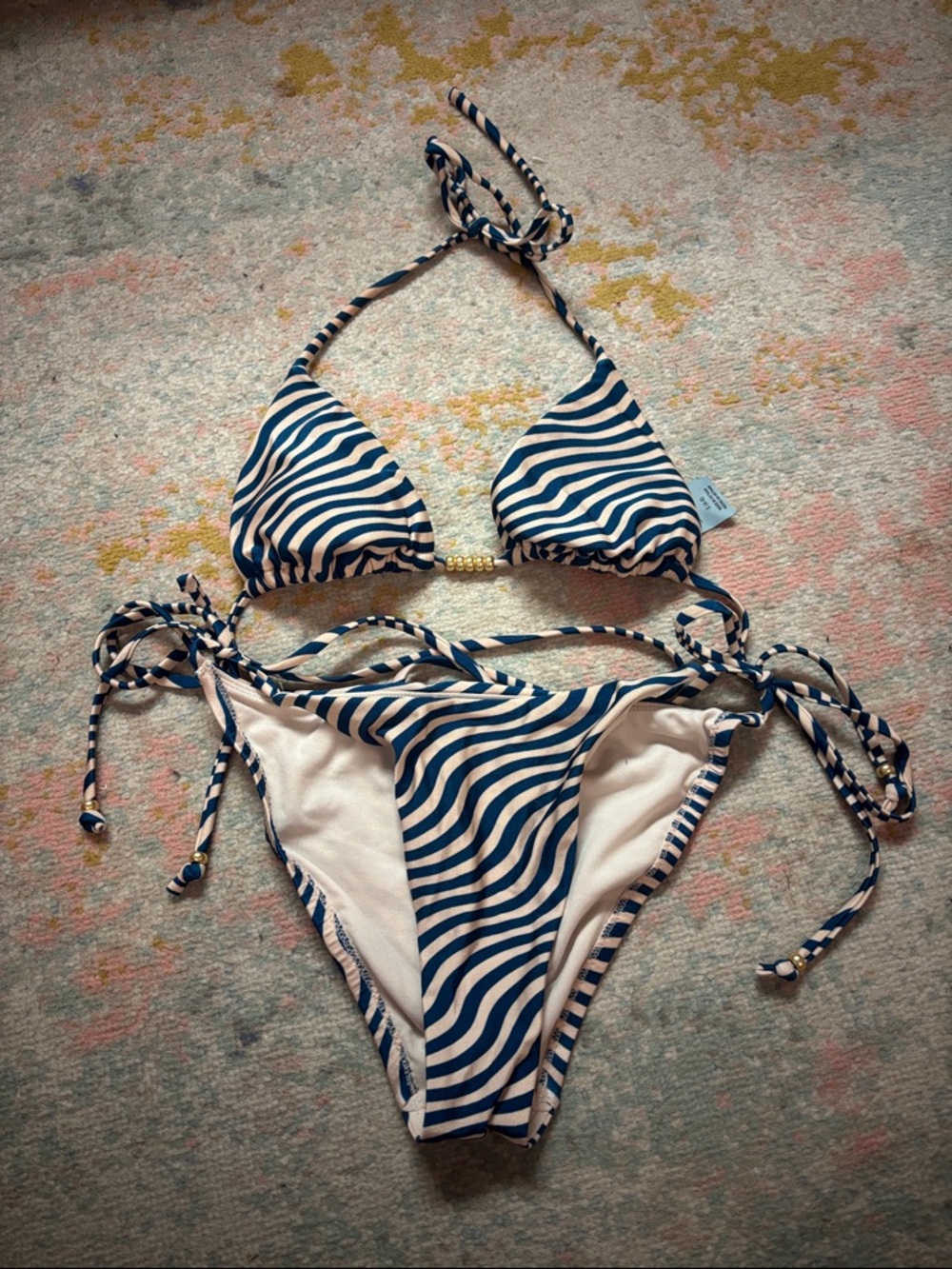 Shade & Shore Navy and White Wave-Stripe Tie Bikini